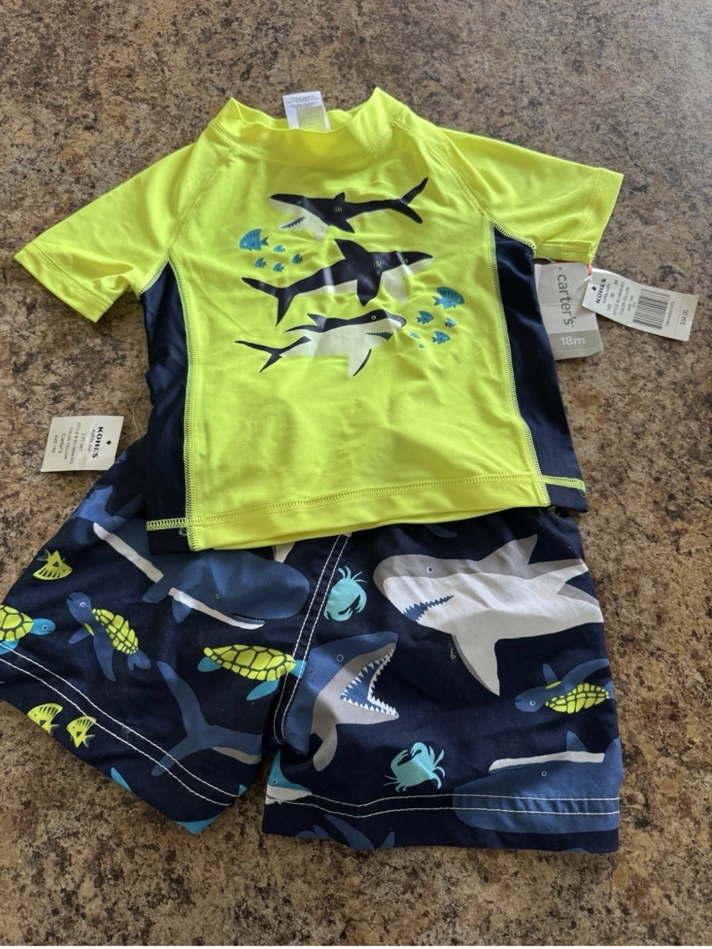 NWT Boys 18 Months Carters Neon Swim Shirt Trunks Rash Guard Shorts Shark Set